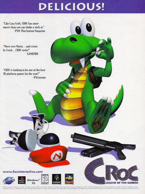 catbountry:  konkeydongcountry:  dj-mankiewicz:  vgprintads:  “Croc: Legend of the Gobbos - ‘Competition’”GamePro, November 1997 (#100)Scanned by Phillyman, via RetroMagsHuh. Guess crocodiles aren’t phased by silicone ingestion… but don’t