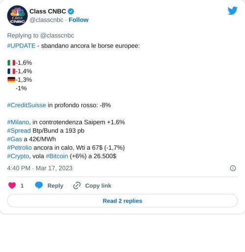 #UPDATE - sbandano ancora le borse europee:  🇮🇹-1,6% 🇫🇷-1,4% 🇩🇪-1,3% 🇬🇧-1%#CreditSuisse in profondo rosso: -8%#Milano, in controtendenza Saipem +1,6%#Spread Btp/Bund a 193 pb#Gas a 42€/MWh#Petrolio ancora in calo, Wti a 67$ (-1,7%)#Crypto, vola #Bitcoin (+6%) a 26.500$  — Class CNBC (@classcnbc) March 17, 2023