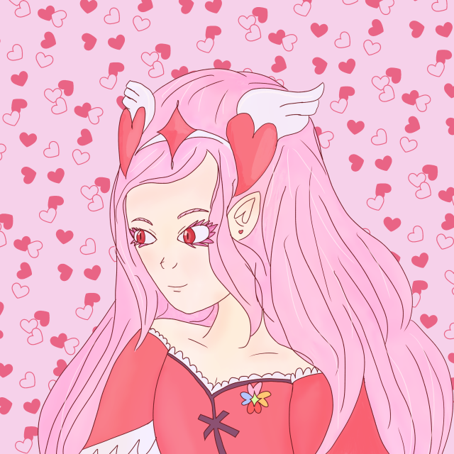 a portrait of cure passion from fresh precure. she is depicted with elf ears, and is in a pastel color scheme. the background is a light pink with a repeating pattern of darker pink hearts