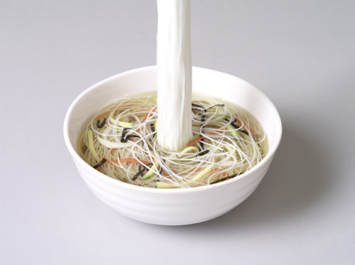 martinekenblog:  Hyper-Realistic Resin Sculptures of Dangling Korean Noodles Artist Seung Yul Oh recreates common Korean noodle dishes, but with a spectacular twist. Using synthetic resin, a pair of chopsticks float 12-feet-high, with dangling noodles