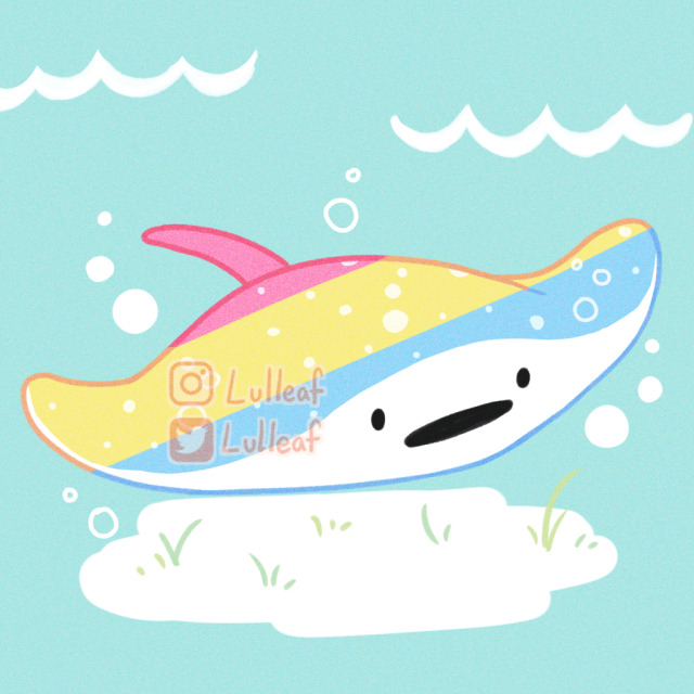 Digital drawing of a mantaray with pansexual flag colors swimming. The background is blue with white waves above and grass on a white patch below the mantaray.