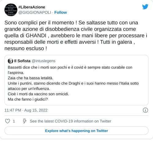 Sono complici per il momento ! Se saltasse tutto con una grande azione di disobbedienza civile organizzata come quella di GHANDI , avrebbero le mani libere per processare i responsabili delle morti e effetti avversi ! Tutti in galera , nessuno escluso ! https://t.co/mOrFMhjGDH  — #LiberaAzione (@GIGGIONAPOLI) August 15, 2022