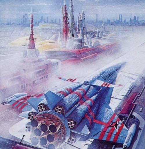 70sscifiart:Painting by Bob Layzell, from Robert Sheckley’s “Futuropolis,” 1978