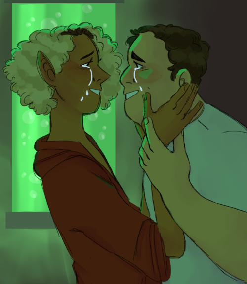 [ID: A fullcolor drawing of Barry and Lup in a dark cave illuminated by a flourescent green cloning 