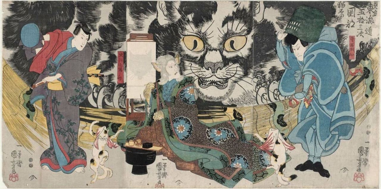 fujiwara57: Triptych - “An imaginary scene of the origin of the cat stone at Okazaki”,