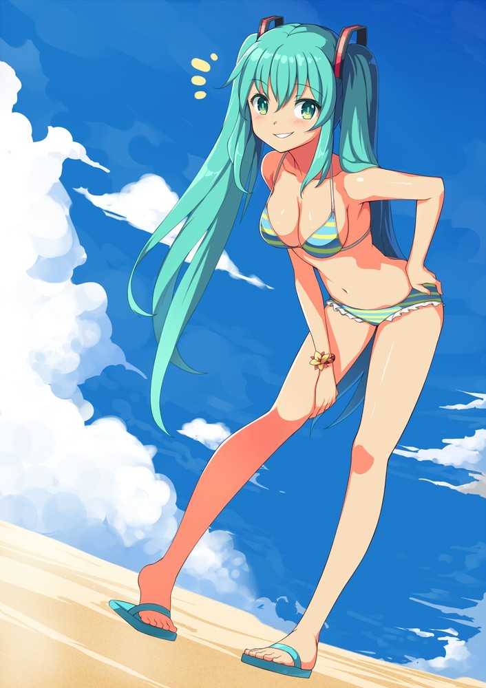 VOCALOID、初音ミク、saiste、高解像度、にやり、ビキニ、ビーチ、サンダル、ストライプ、ロングヘア、ツインテール、ブレスレット、bare
