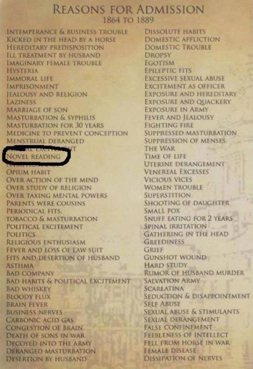 phanintheafternoon:phanintheafternoon:List of reasons for admission into a mental asylum in 1864-188