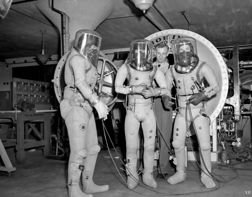 humanoidhistory:  Early pressure suit designs, possibly late 1940s.