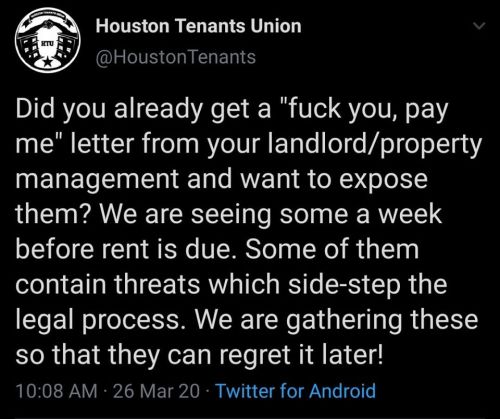 Let them know! Don&rsquo;t be intimidated by these letters!www.houstontenantsunion.org/covid-19