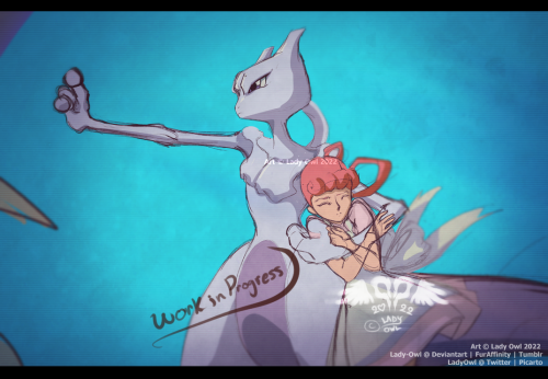 Next up, a cropped WIP concept I sketched out a little while ago of Mewtwo protecting Nurse Joy from