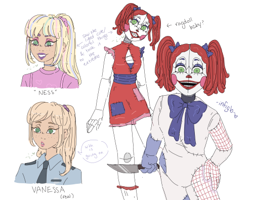 an AU i thought of today where Vanny is actually baby impersonating Vanessa idk. she’s more like eleanor/elizabeth than game universe baby tbh #fnaf #five nights at freddys #vanny#security breach#circus baby#fnaf au#vanessa fnaf#side au