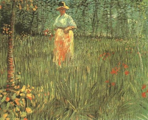 artist-vangogh: A woman walking in garden, 1887, Vincent van Gogh Medium: oil,canvashttps://www.wikiart.org/en/vincent-van-gogh/a-woman-walking-in-garden-1887 