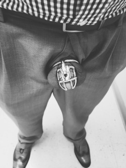 cagesandcumshots:  Locktober 8th, 2018. I wonder if his employees know their boss walks around with his dick in a cage, and sneaks to the bathroom to send his Goddess pictures.  Makes you wonder about your fellow coworkers, doesn’t it? 