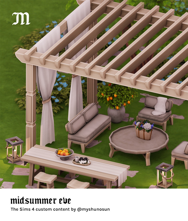 "Midsummer Eve", a The Sims 4 custom content set with patio items. Created by myshunosun.