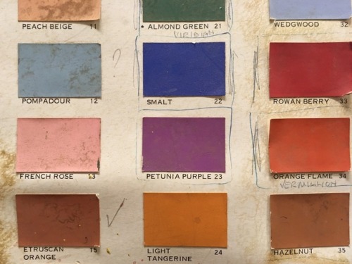 charlotte-bird:There’s this ancient scenic paint colour chart up on a door at one of the theatres I 