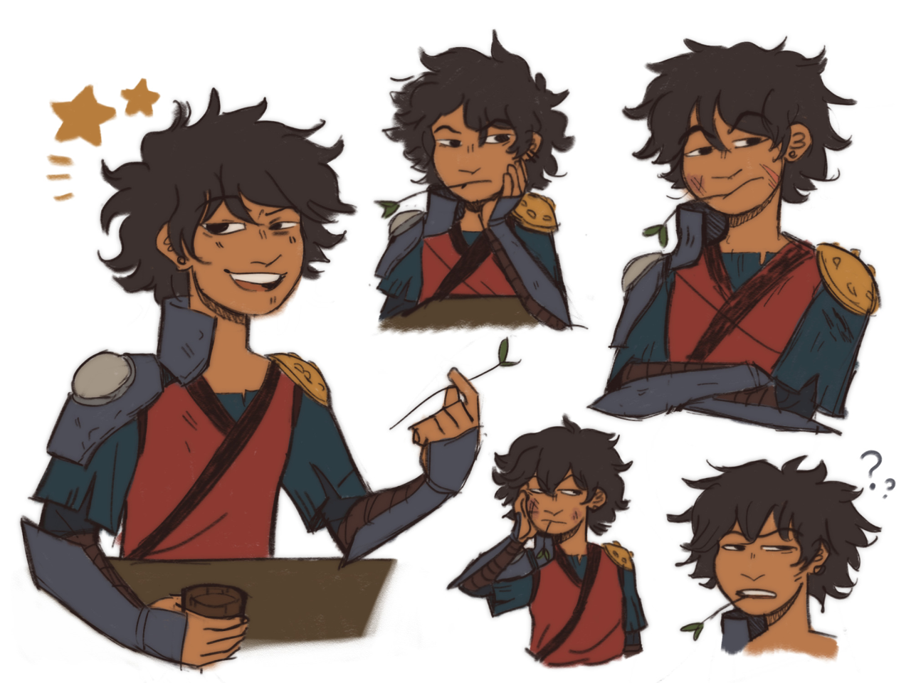 zukowo:Jet doodles[ID: five colored drawings of Jet from ATLA on a white background.one shows jet from the waist up sitting at a table, holding a cup of tea on the table in one hand and his mouth grass in the other. he is smiling with his mouth open as
