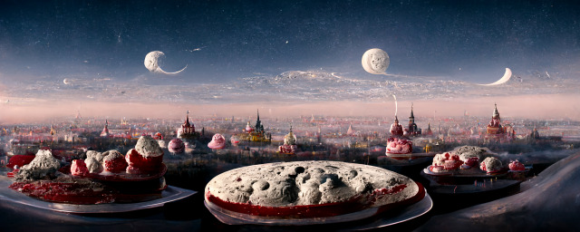 A nighttime cityscape under a sky with three moons. Many of the buildings are cakes and ice creams.