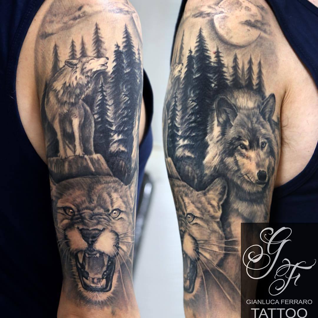 Productividad boleto flotante Gianluca Ferraro Tattoo — Wolf with puma - Cover up -Gianluca Ferraro  Tattoo...