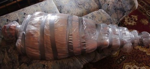 maturemenintrouble: This chubby mature man has been trapped and wrapped like one of those bugs trapp