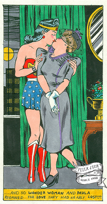Girls Love, and other queer romantic stories, painted in the style of a mid century comic. Available