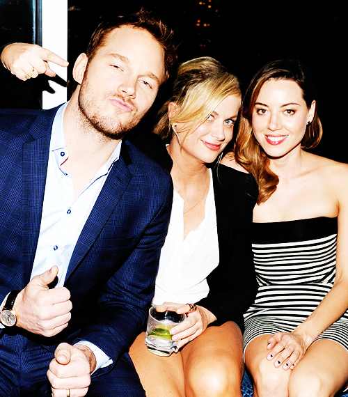 sirscottmccallmoved-blog:  Chris Pratt, Amy Poehler and Aubrey Plaza at The Cinema Society’s ‘Guardians of the Galaxy’ screening hosted by Fiji Water in New York on July 29 