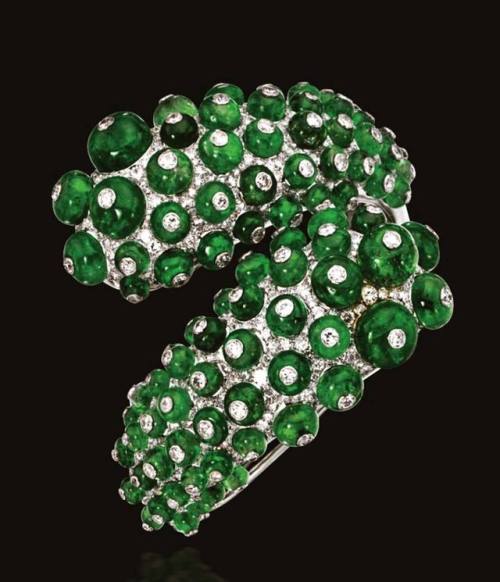 winterhill-aria:Emerald bead and Diamond bangle by Paul Flato, circa 1940