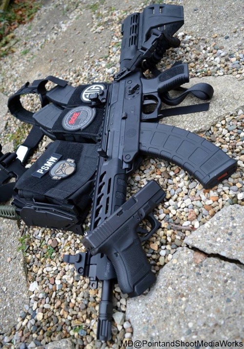 everydaycivilian:  Sig Sauers new Sig556XI Classic Russian Pistol w/SB.   Pictured with:  Magpul Dynamics AK PMags  Special Operations Equipment Single Point Bungee Sling & AK/M4 Micro Rig w/Padded H-Harness  Milspecmonkey Ka-Bar Knife  Glock 30 Gen