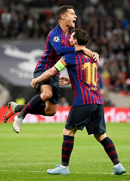 dailyfcb: Philippe Coutinho of Barcelona celebrates with team mate Lionel Messi after scoring their 