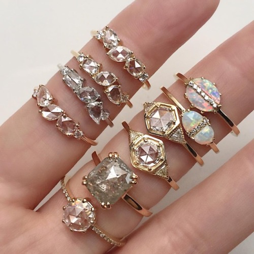 Shimmering rose cuts and opals, set in our Cosmos, Meridian, Tropics, Vapor and Vega Rings #greydiam