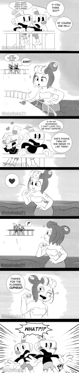 ninjahaku21art:A cuphead and Mugman comic featuring Cala Maria! My sister and I thought of this silly idea where Mugman is trying to get Cala Maria’s attention by giving her some flowers! <3….however, Cala Maria doesn’t realize this and assumes