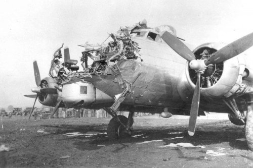 B-17G 43-38172 of the 8th AF 398th BG 601st BS which was damaged on a bombing mission over Cologne, 