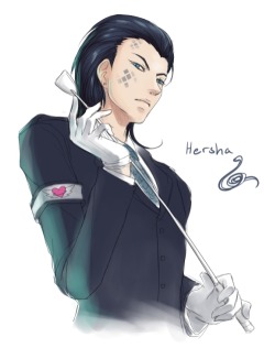 arterialmotive:  One more OnlineForm!Hersha fanart for tonight. Kind of a butler chic… Headcanon: Hersha is calm and quiet and carries out tasks perfectly, coolly but casually affectionate, and ruthless in Rhyme to the point of being cruel - just the