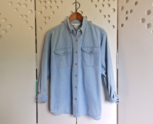 littlevisionsthrift: 90s denim button down. size M/L littlevisionsthrift.etsy.com