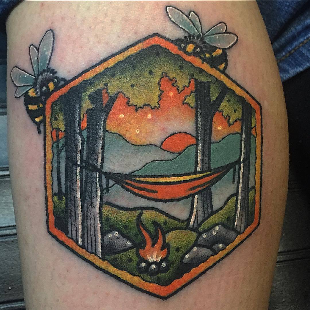 Tattoo tagged with leaf mountain landscape neotrad thigh sunset   inkedappcom