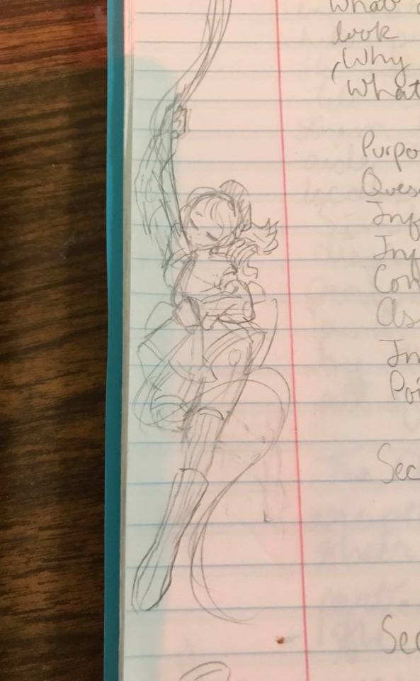 a sketch of mami from madoka magica in my notebook. she falls gracefully and holds onto the ribbons from her bow as they twirl around her. the sketch is messy and undeveloped.