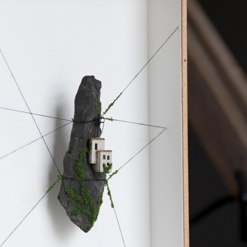 archatlas:  Miniature Houses on Cork Cliffs Float Inside Handmade Wooden Frames by Rosa de Jong  Designer Rosa de Jong produces micro homes that are built into the side of tiny cliffs constructed out of cork. Her miniature environments are covered in