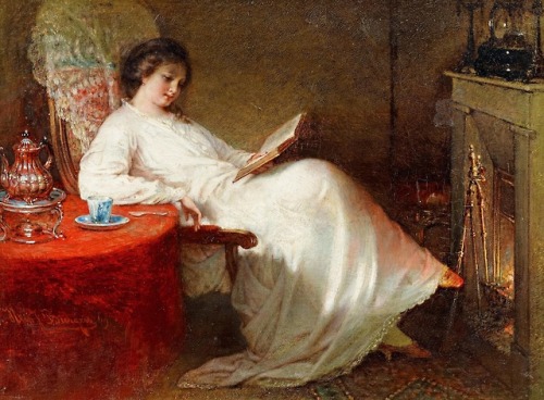 Reading Woman by the Fireside. Hendricus Jacobus Burgers (Dutch, 1834-1899). Oil on wood.After a rel