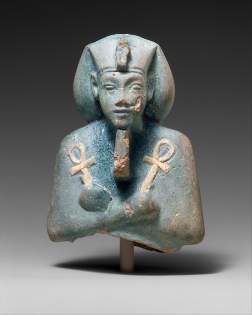 Faience ushabti of the 18th Dynasty pharaoh Akhenaten (r. 1353-1336 BCE).  Now in the Metropolitan M