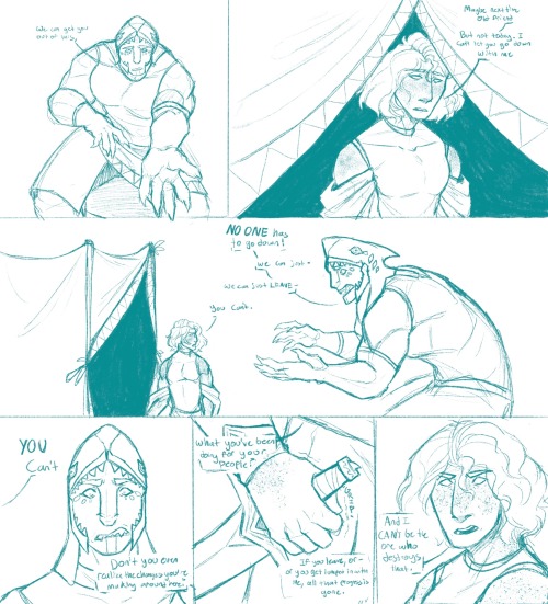 A comic depicting the following scene from Orphan's Path by Aenor-llelo and team. “We can get you out of this,” the Totem whispers. “Maybe next time, old friend,” Tanaka sadly concedes. “But not today. I can’t let you go down with me.” “ No one has to go down!” the Totem begs. “We can just- we can just leave-” “You can’t,” Tanaka interrupts, hand tightening around his knife. “You can’t. Do you even realize the changes you’re making around here? What you’ve been doing for your people? If you leave, or- or you get lumped in with me, that- all that progress is gone. And I can’t be the one who destroys that.”