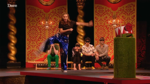 taskmastercaps:[ID: Six screencaps from Taskmaster. Jessica Knappett performs a spectacular dramatic