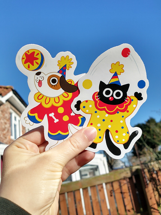 Shop update! Clown cat is back and he brought some friends! My new stickers are available on my Big Cartel and Etsy 
