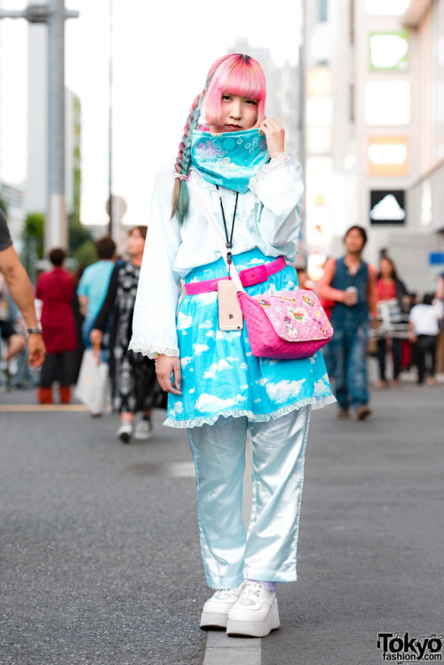 19-year-old Ranochan on the street in Harajuku wearing a handmade and vintage look featuring a metal