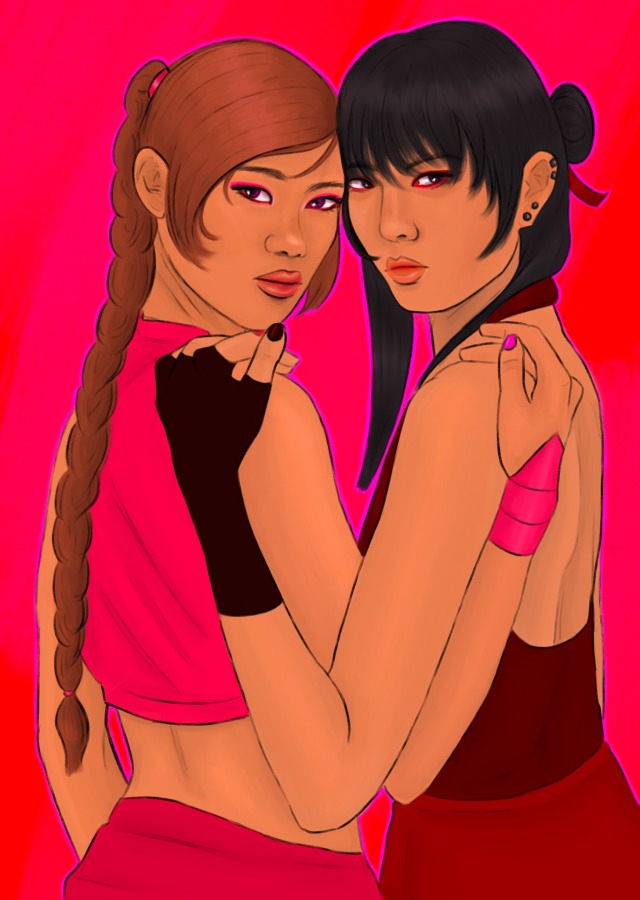 digital painting of mai and ty lee against a bright red and hot pink background, standing together with their heads turned to face the viewer in a symmetrical pose. their expressions are intense as they each place one hand on the other's shoulder. 