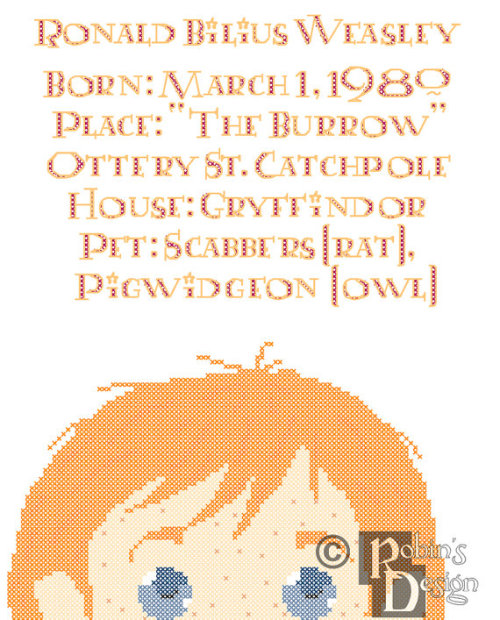 Ron Weasley Biographical Facts Cross Stitch Pattern PDF by robinsdesign from Gathering Charms by Gil