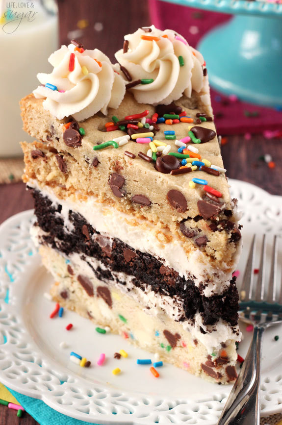 sweetoothgirl:Ultimate Layered Chocolate Chip Cookie Cake