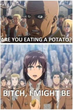 middlefingerofvadersfist:  askwhitefire:  omgmanatee:  Sasha appreciation post.This girl is by far my favorite SnK character.  Best char in AoT  Sasha, you BAMF 
