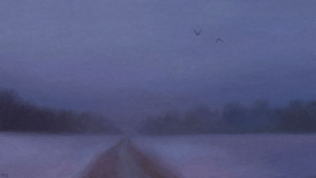 Digital painting of a snowy landscape with a path in the middle around dusk time. It's foggy, there are two black birds flying in the sky. 