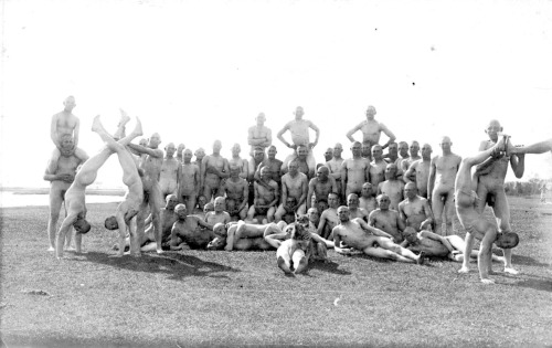 vintagemusclemen:  Eastern European 1930′s military frolic.  Note the two very friendly f