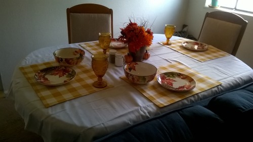 A better picture of my new fall table setting with the brand new tablecloth I bought today. I’m really happy with this and can’t wait for thanksgiving :)