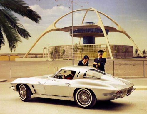 westside-historic: A 1963 Corvette Stingray split-window coupe in front of the Theme Building at Los